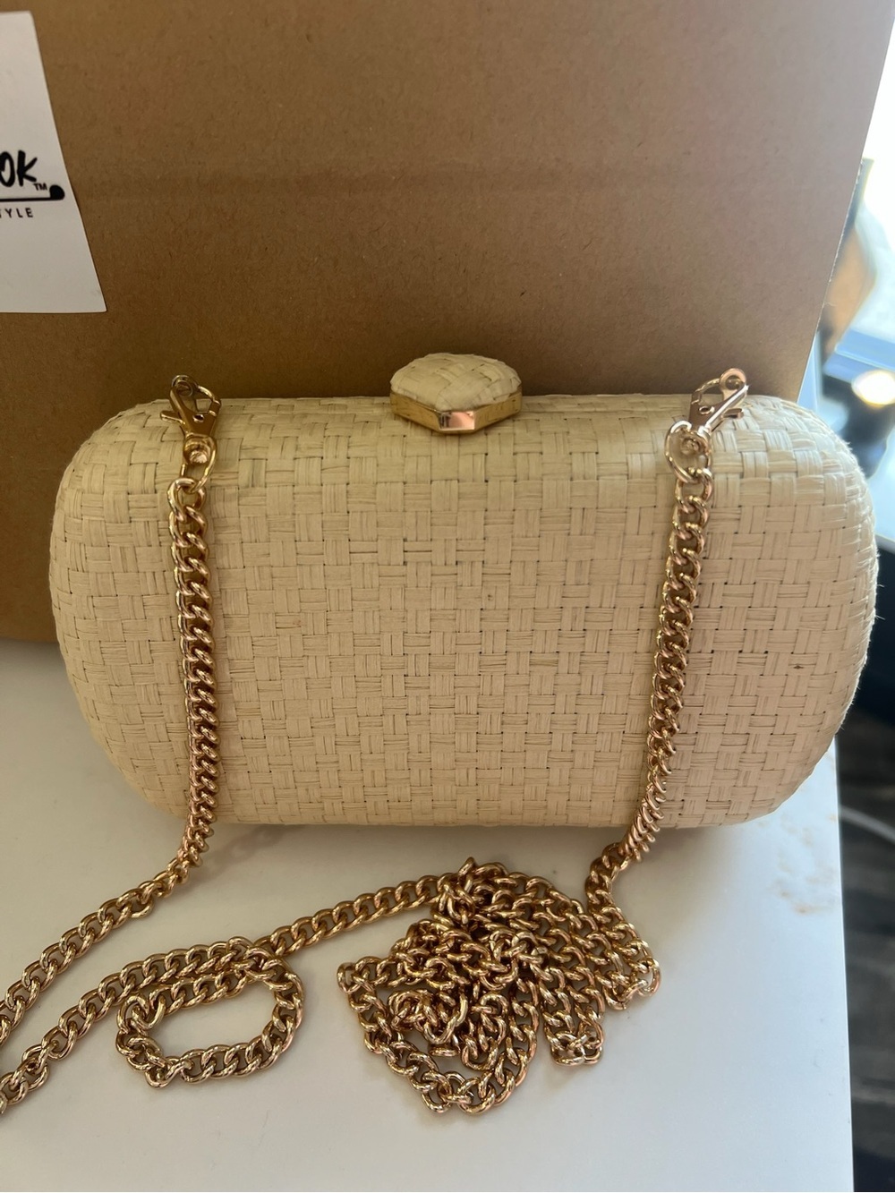 Woven Cream Clutch with Gold Chain Strap